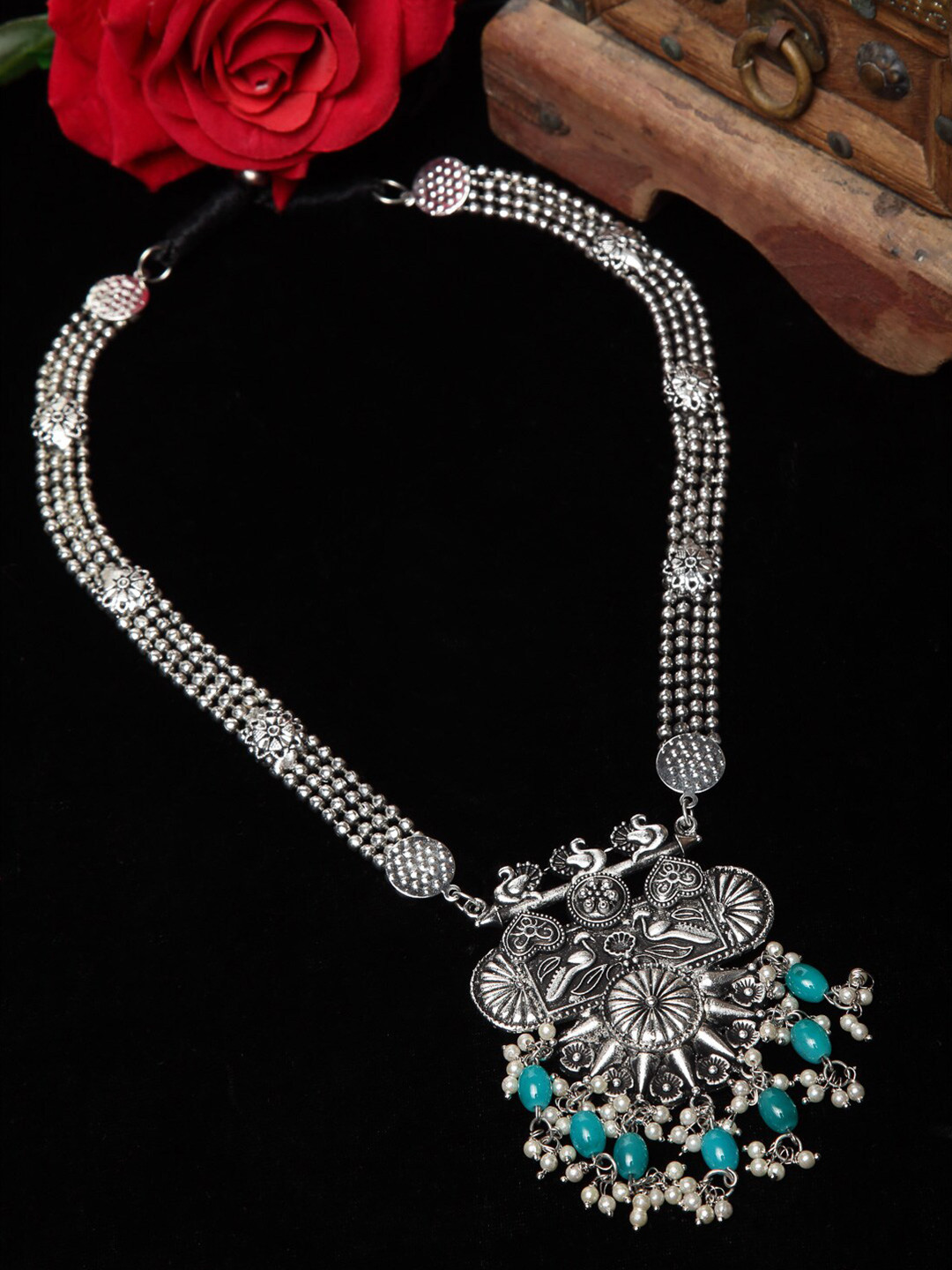 

Moedbuille Silver-Plated & Turquoise Blue Brass Temple Necklace