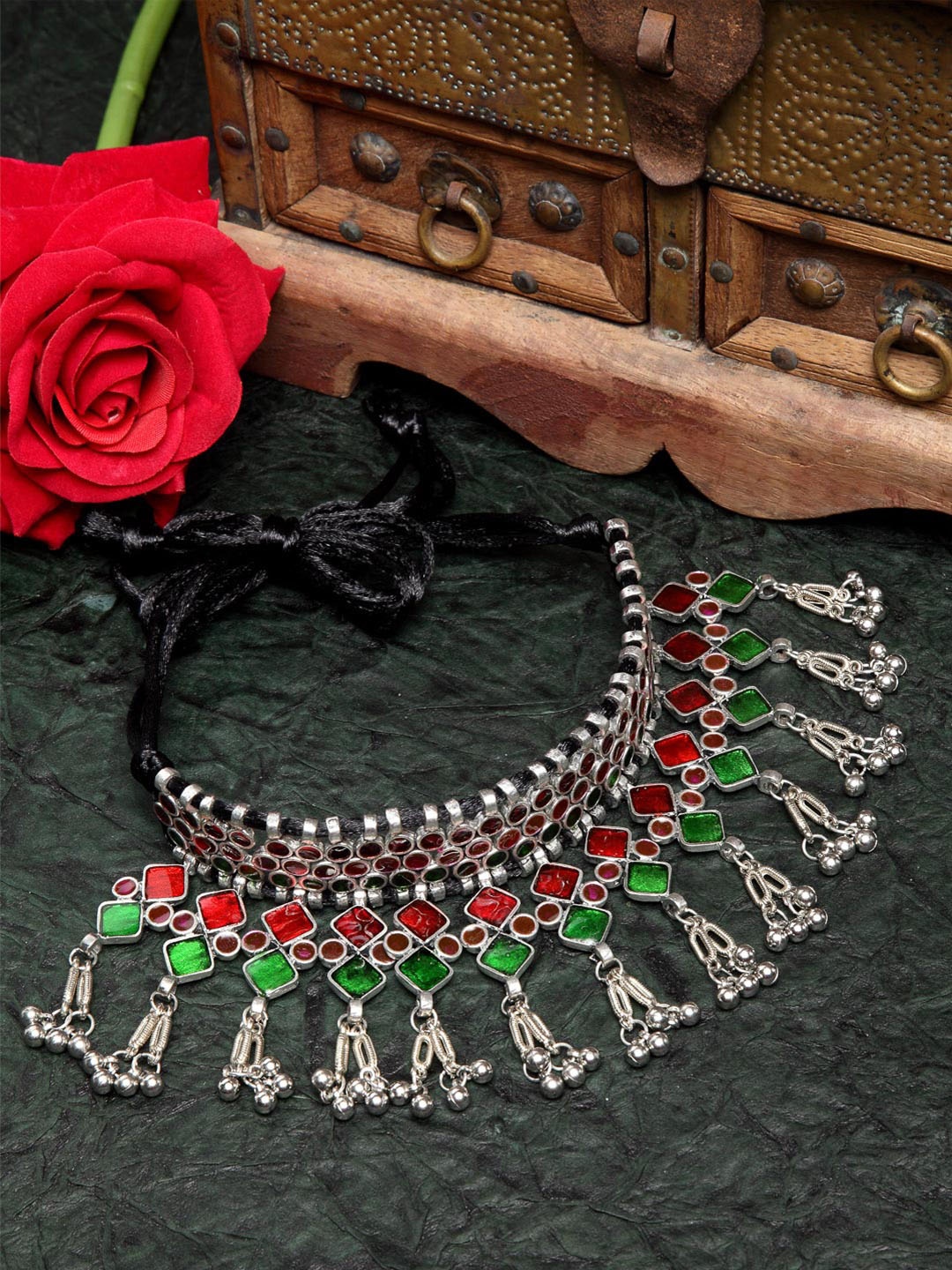 

Moedbuille Women Silver & Red Meenakari Silver Plated Oxidised Choker Necklace