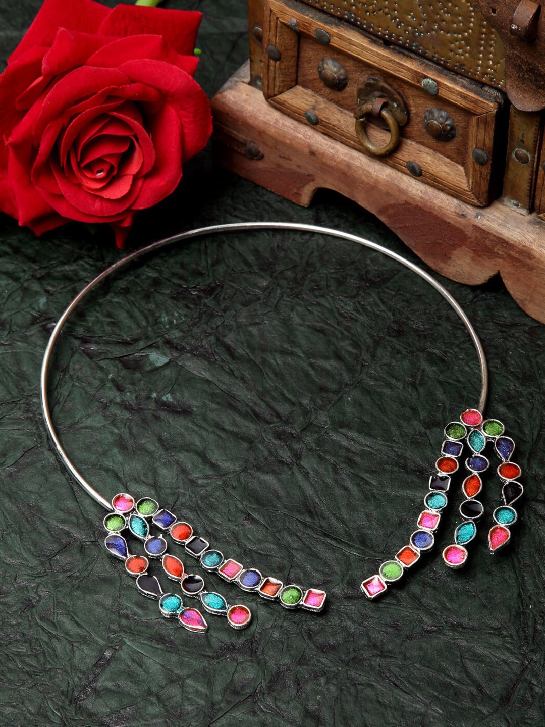 

Moedbuille Women Multicolored Meenakari Work Afghan Design Oxidised Hasli Choker, Multi