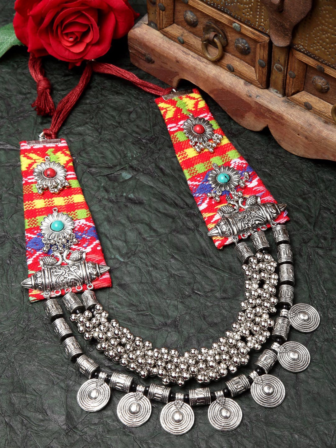 

Moedbuille Silver-Toned & Red Brass Silver-Plated Layered Handcrafted Necklace