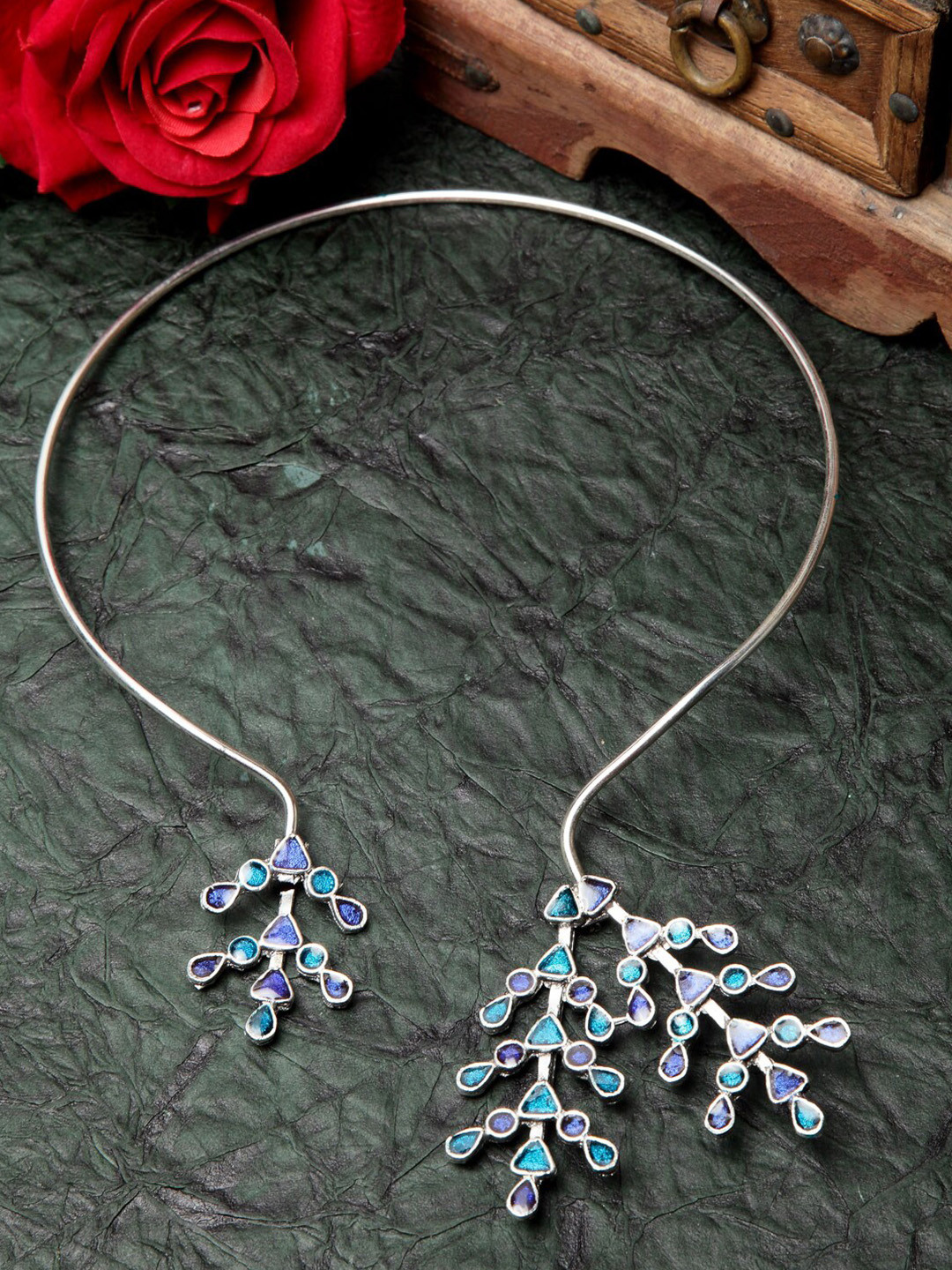 

Moedbuille Silver-Toned & Turquoise Blue Brass Afghan Meenakari Oxidised Necklace