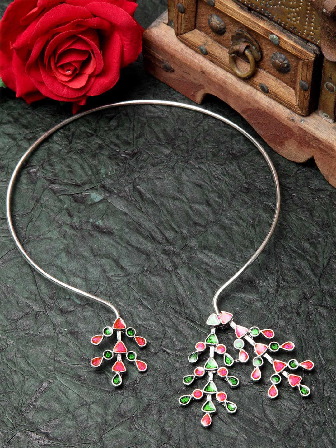 

Moedbuille Silver-Toned & Pink Brass Silver-Plated Meenakari Necklace