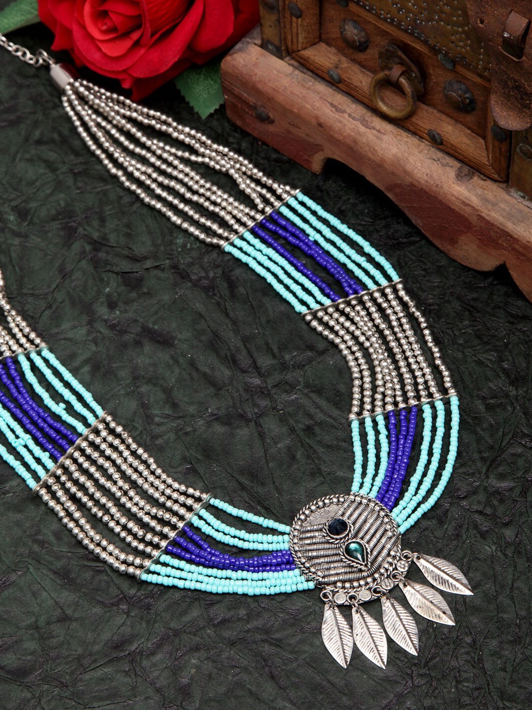 

Moedbuille Women Turquoise Blue Oxidised Layered Silver Necklace