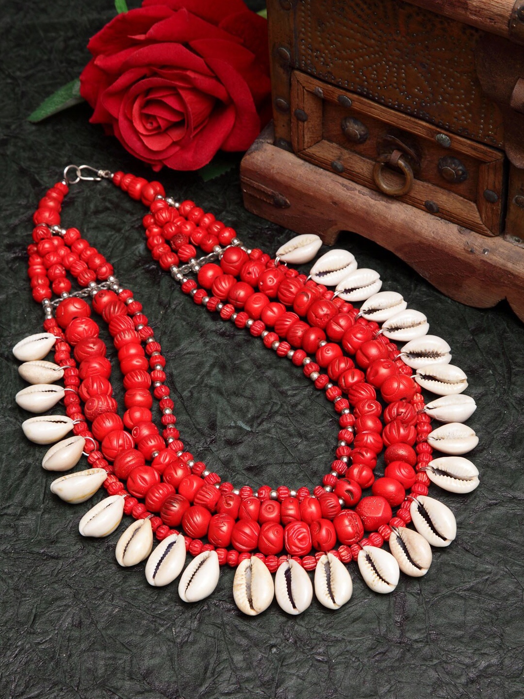 

Moedbuille Women Red Silver-Plated Tribal Necklace