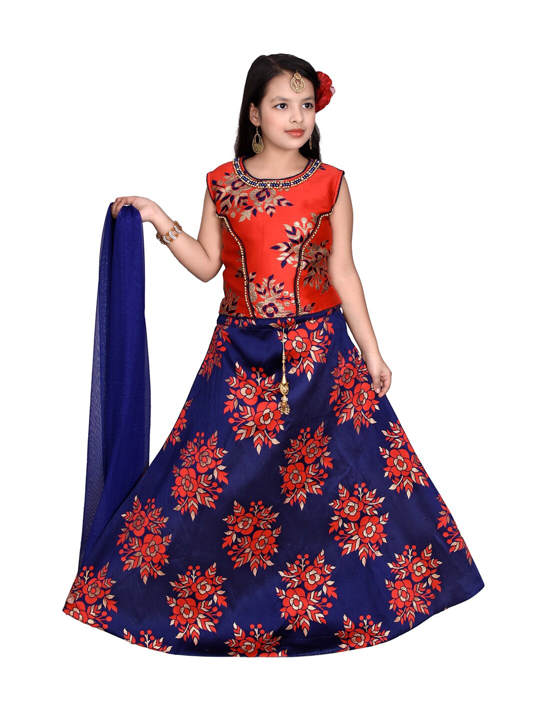 

SKY HEIGHTS Girls Red & Blue Embroidered Ready to Wear Lehenga & Blouse With Dupatta