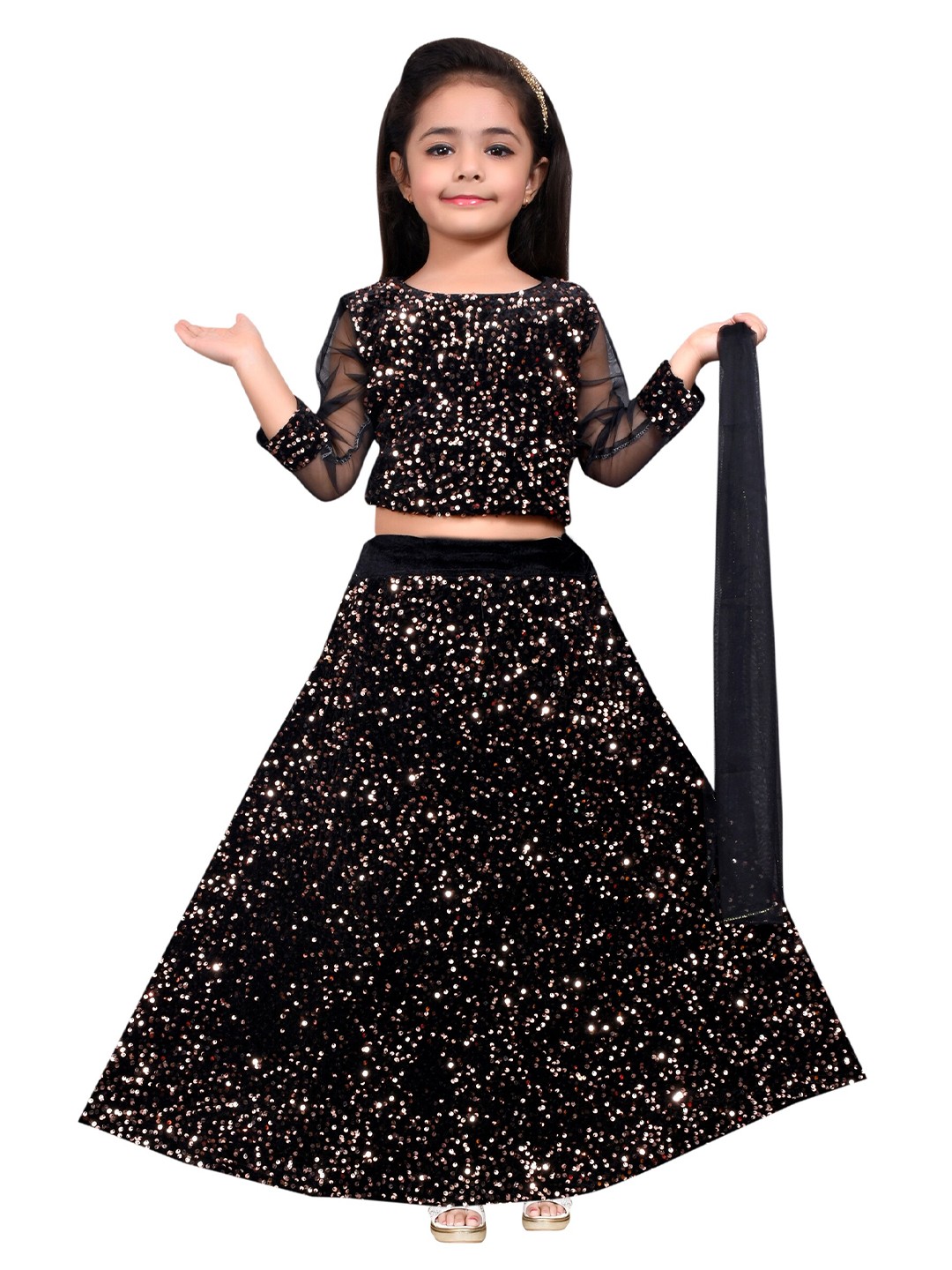 

SKY HEIGHTS Girls Black Embellished Sequinned Ready to Wear Lehenga & Blouse With Dupatta