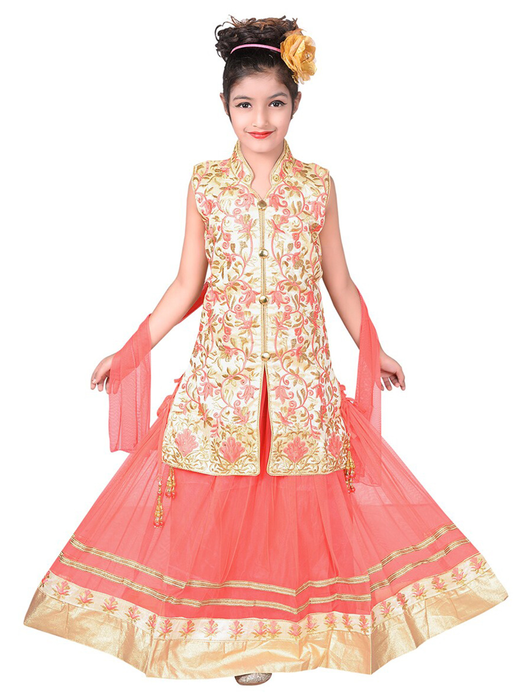 

SKY HEIGHTS Girls Pink & Gold Embroidered Ready To Wear Lehenga Blouse With Dupatta