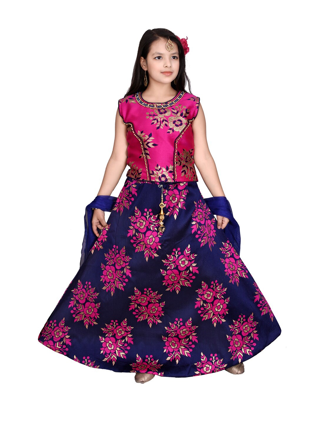 

SKY HEIGHTS Girls Pink & Blue Printed Ready to Wear Lehenga & Blouse With Dupatta