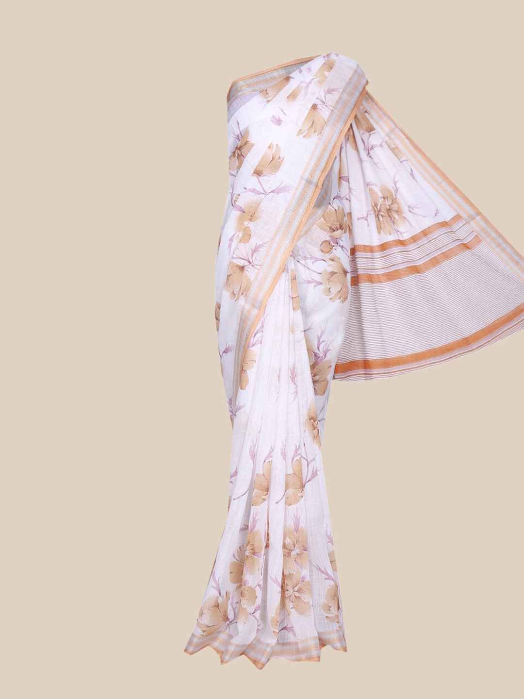 

The Chennai Silks Off White & Cream-Coloured Floral Linen Blend Fusion Saree