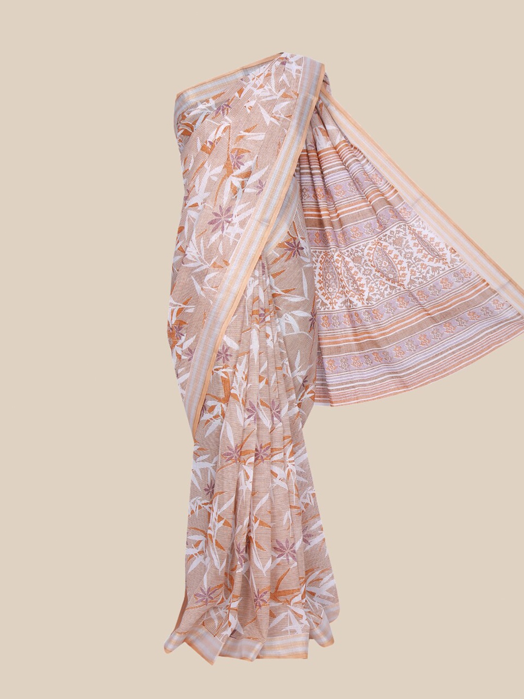 

The Chennai Silks Off White & Brown Floral Linen Blend Fusion Saree