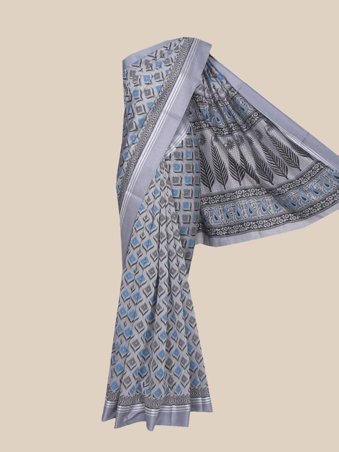 

The Chennai Silks Grey & Black Floral Pure Cotton Fusion Chanderi Saree