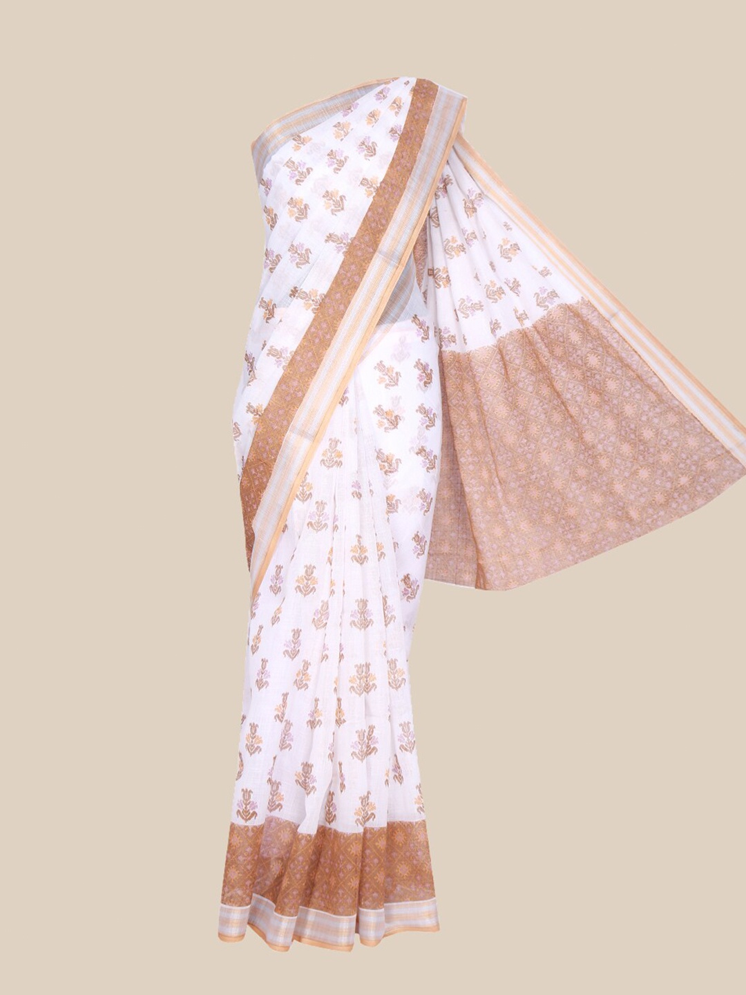 

The Chennai Silks Off White & Brown Floral Linen Blend Fusion Saree