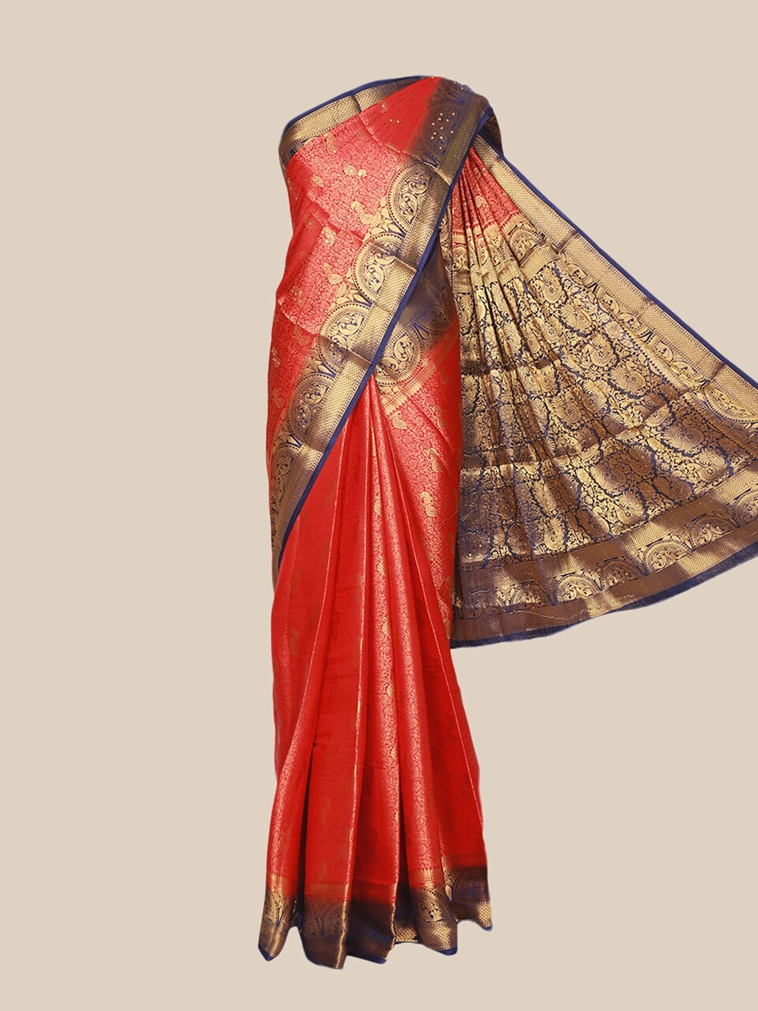 

The Chennai Silks Red & Navy Blue Woven Design Zari Jute Cotton Fusion Saree