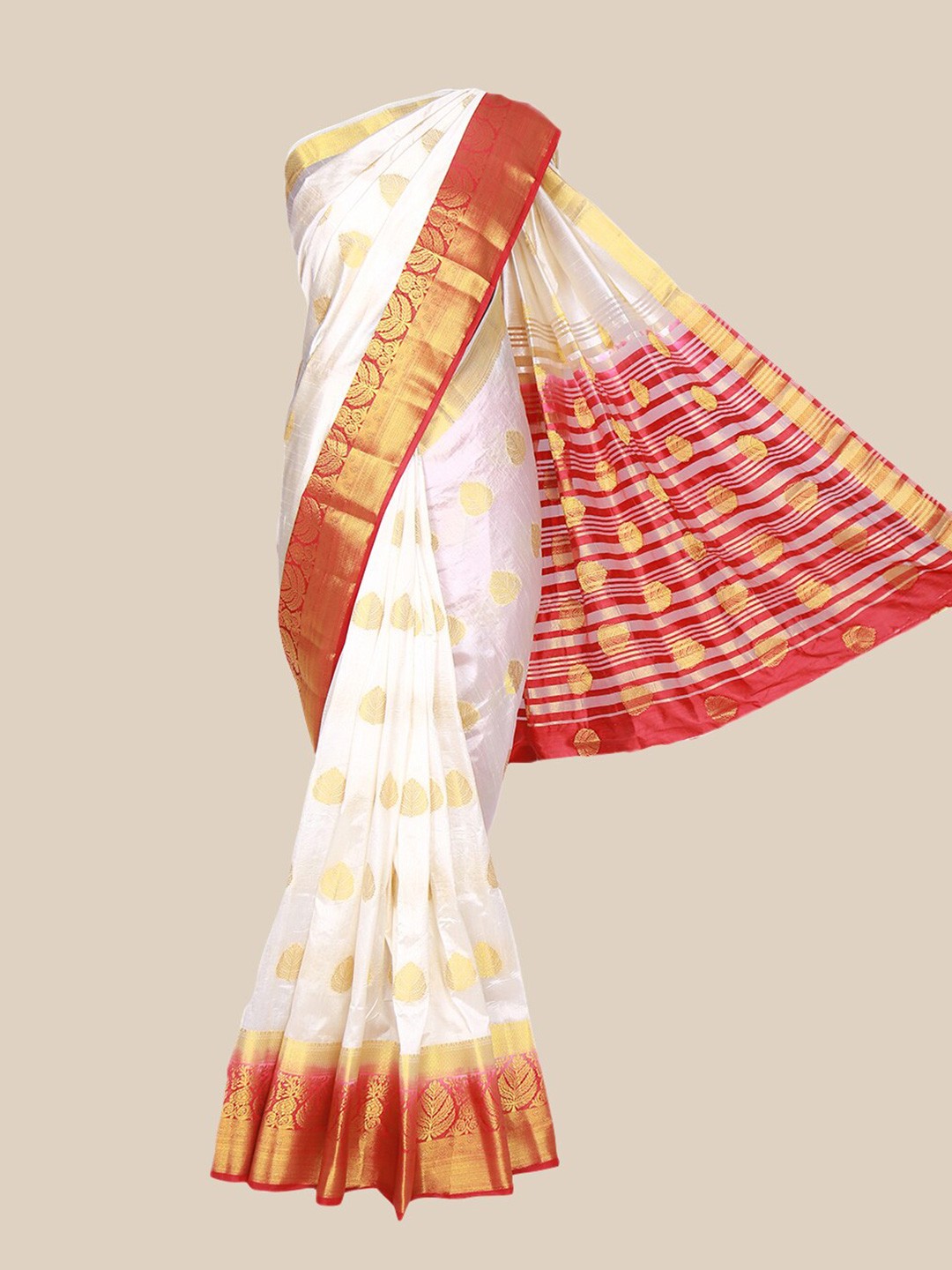 

The Chennai Silks Cream-Coloured & Red Woven Design Zari Jute Cotton Fusion Saree