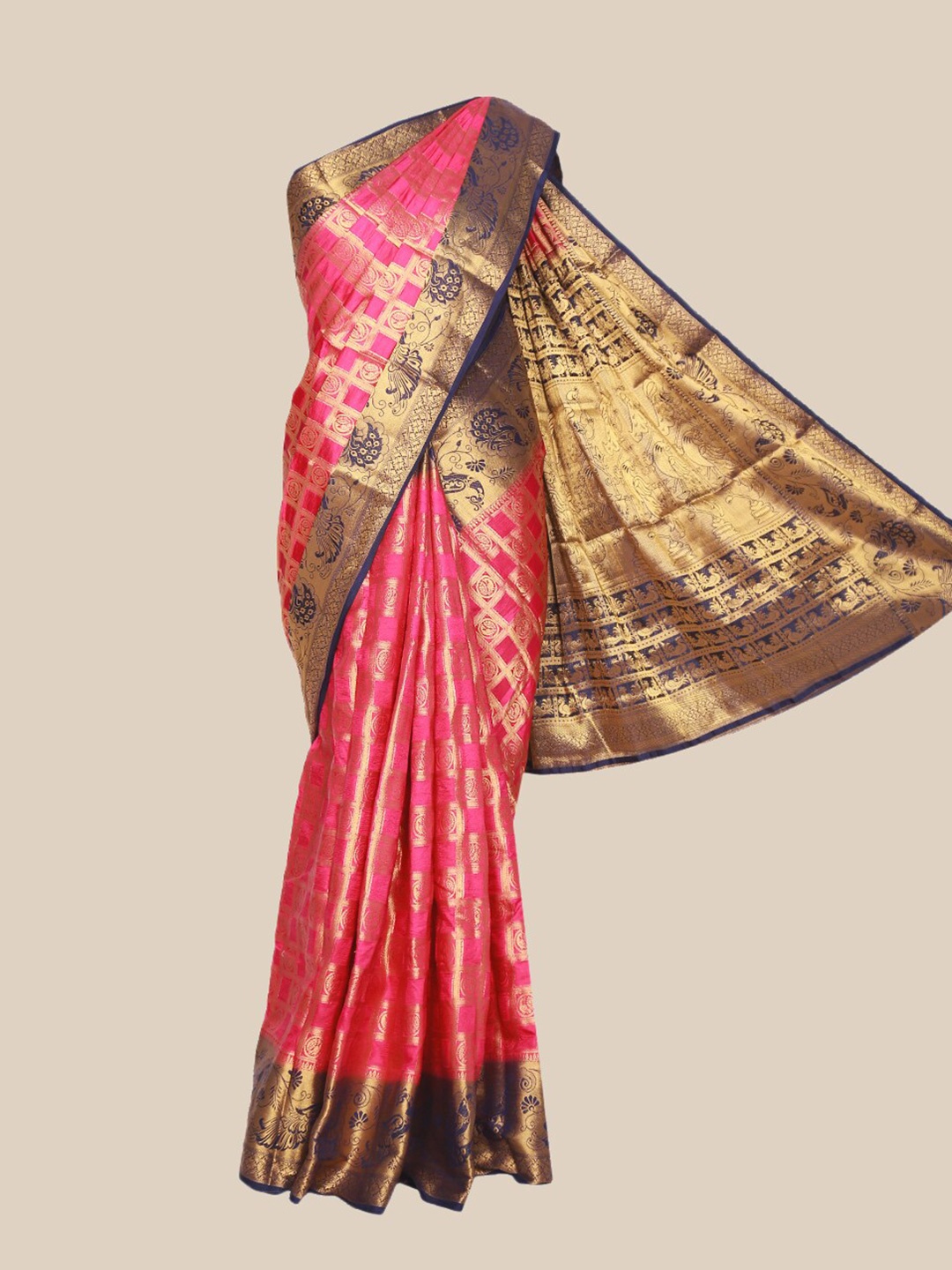 

The Chennai Silks Magenta & Navy Blue Checked Zari Jute Cotton Fusion Saree