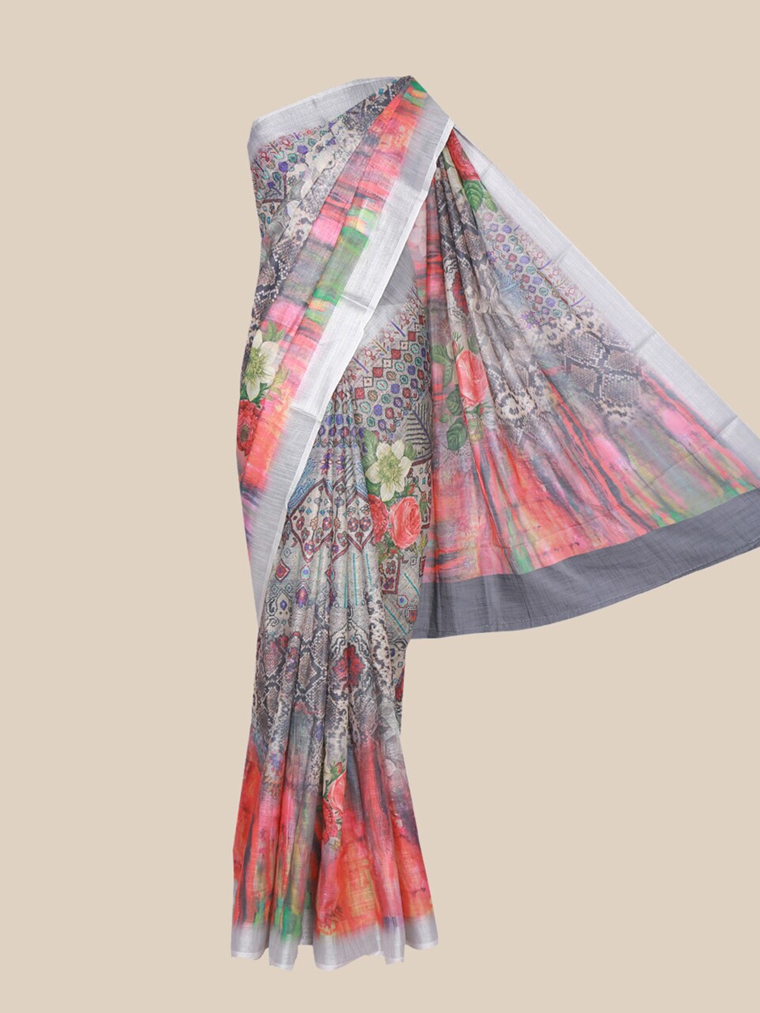 

The Chennai Silks Grey & Pink Floral Linen Blend Fusion Saree