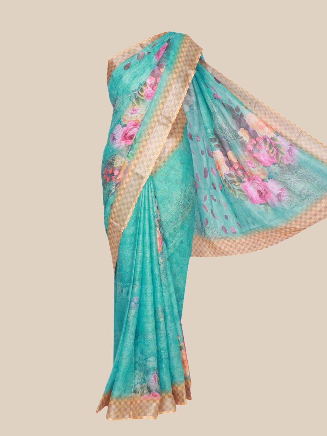 

The Chennai Silks Green & Pink Floral Linen Blend Fusion Saree