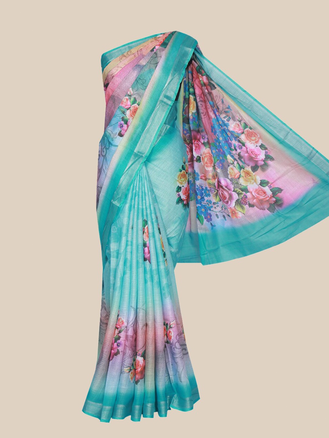 

The Chennai Silks Turquoise Blue & Pink Floral Linen Blend Fusion Saree