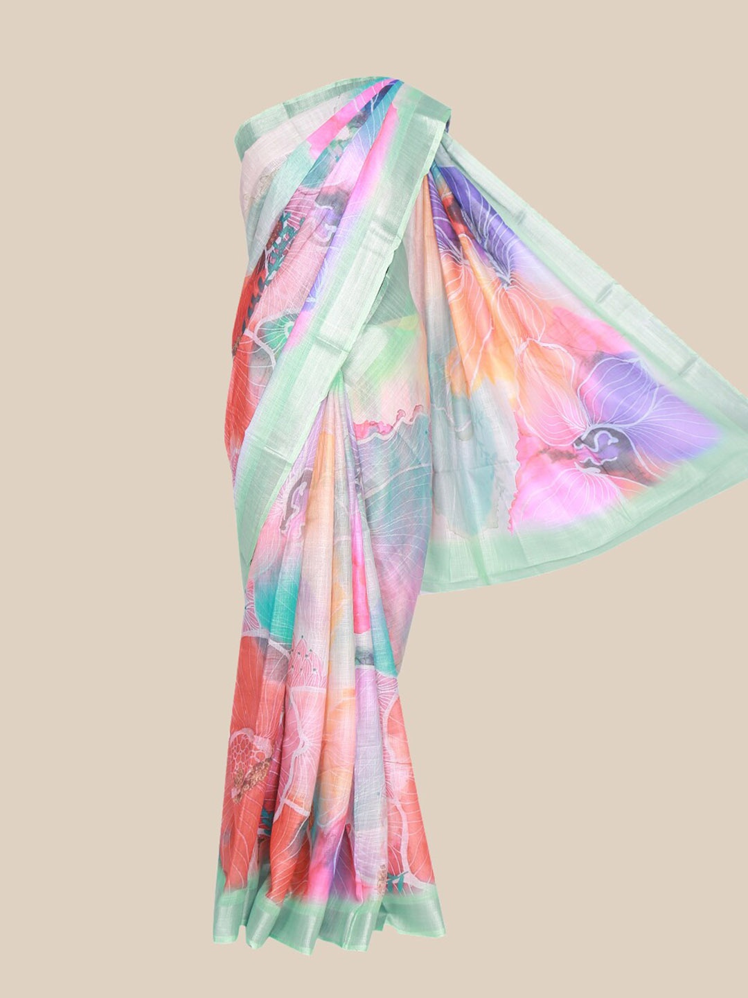 

The Chennai Silks Pink & Turquoise Blue Floral Linen Blend Fusion Saree