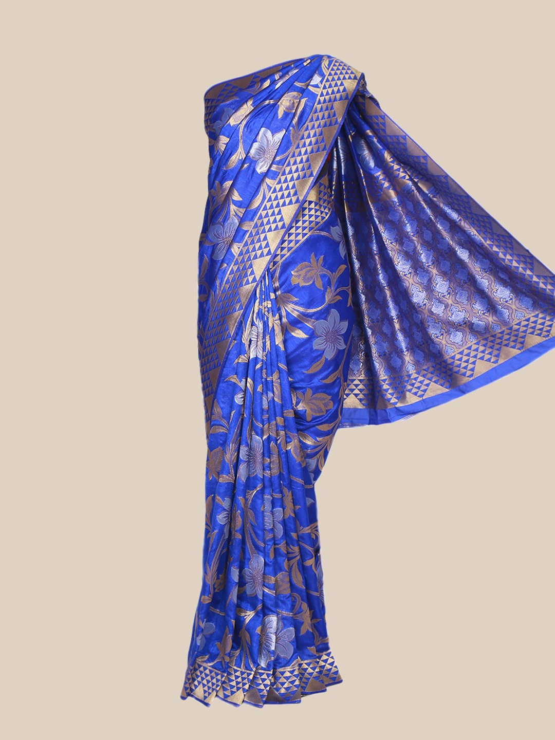 

The Chennai Silks Blue & Gold-Toned Floral Fusion Saree