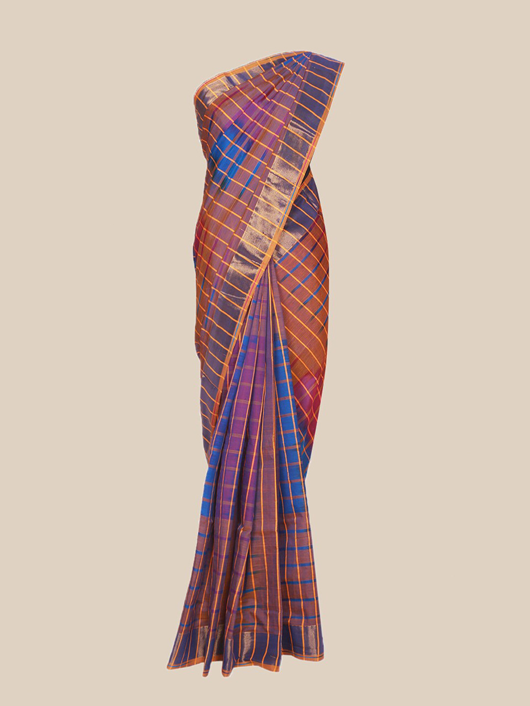 

The Chennai Silks Blue & Pink Checked Pure Cotton Fusion Chettinad Saree