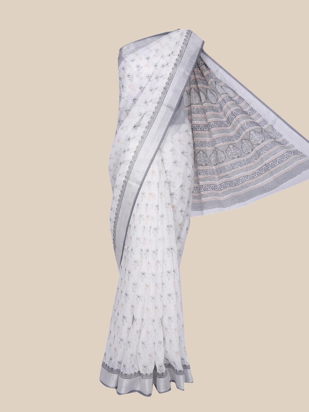 

The Chennai Silks Off White & Grey Floral Linen Blend Fusion Saree