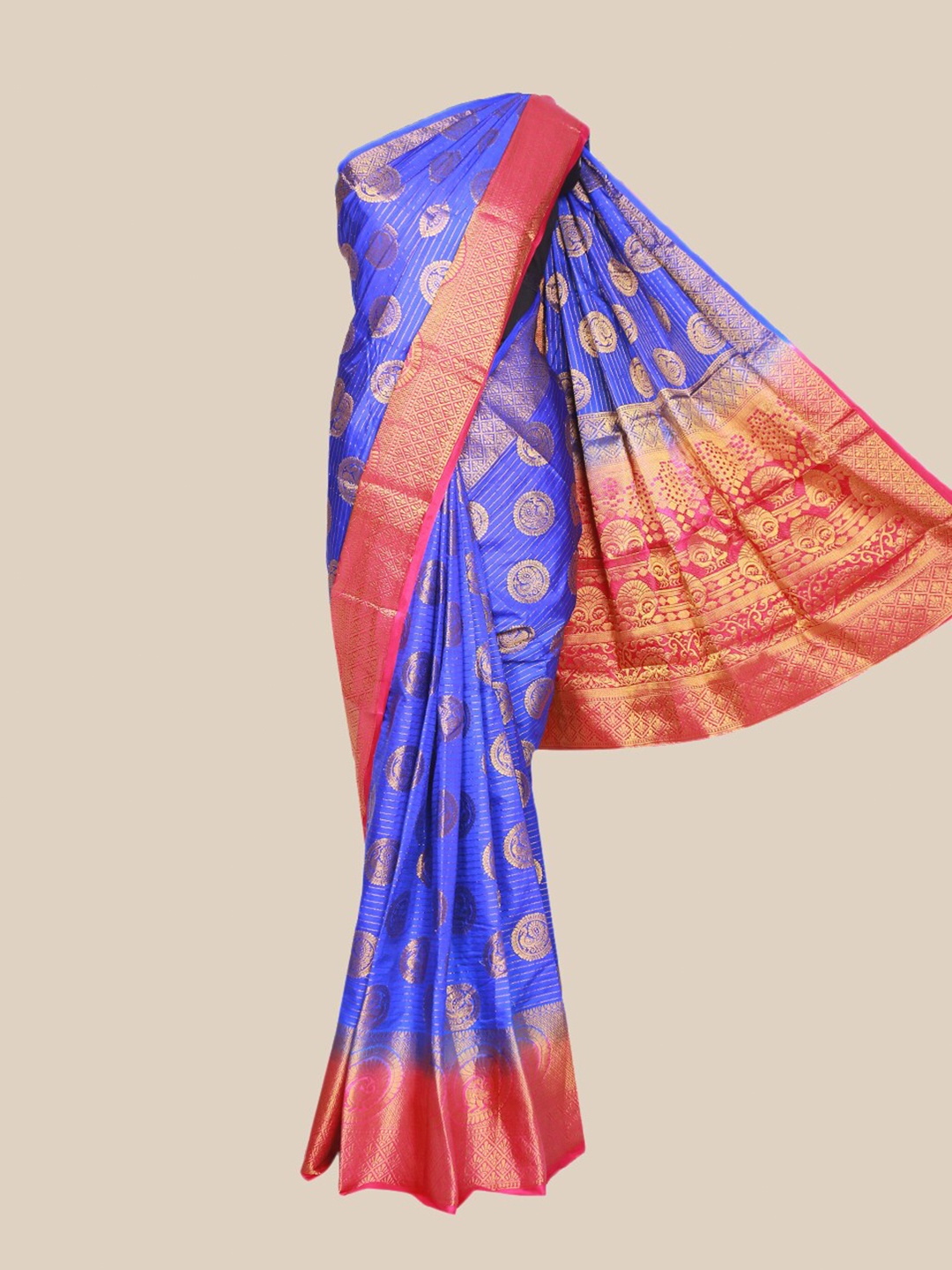 

The Chennai Silks Blue & Red Ethnic Motifs Jute Cotton Fusion Saree