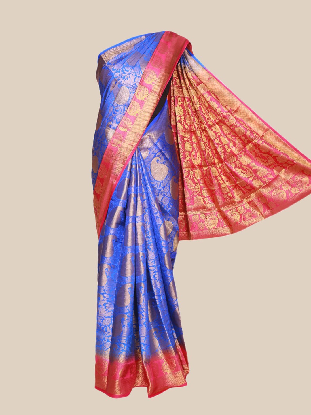 

The Chennai Silks Blue & Pink Floral Jute Cotton Fusion Saree