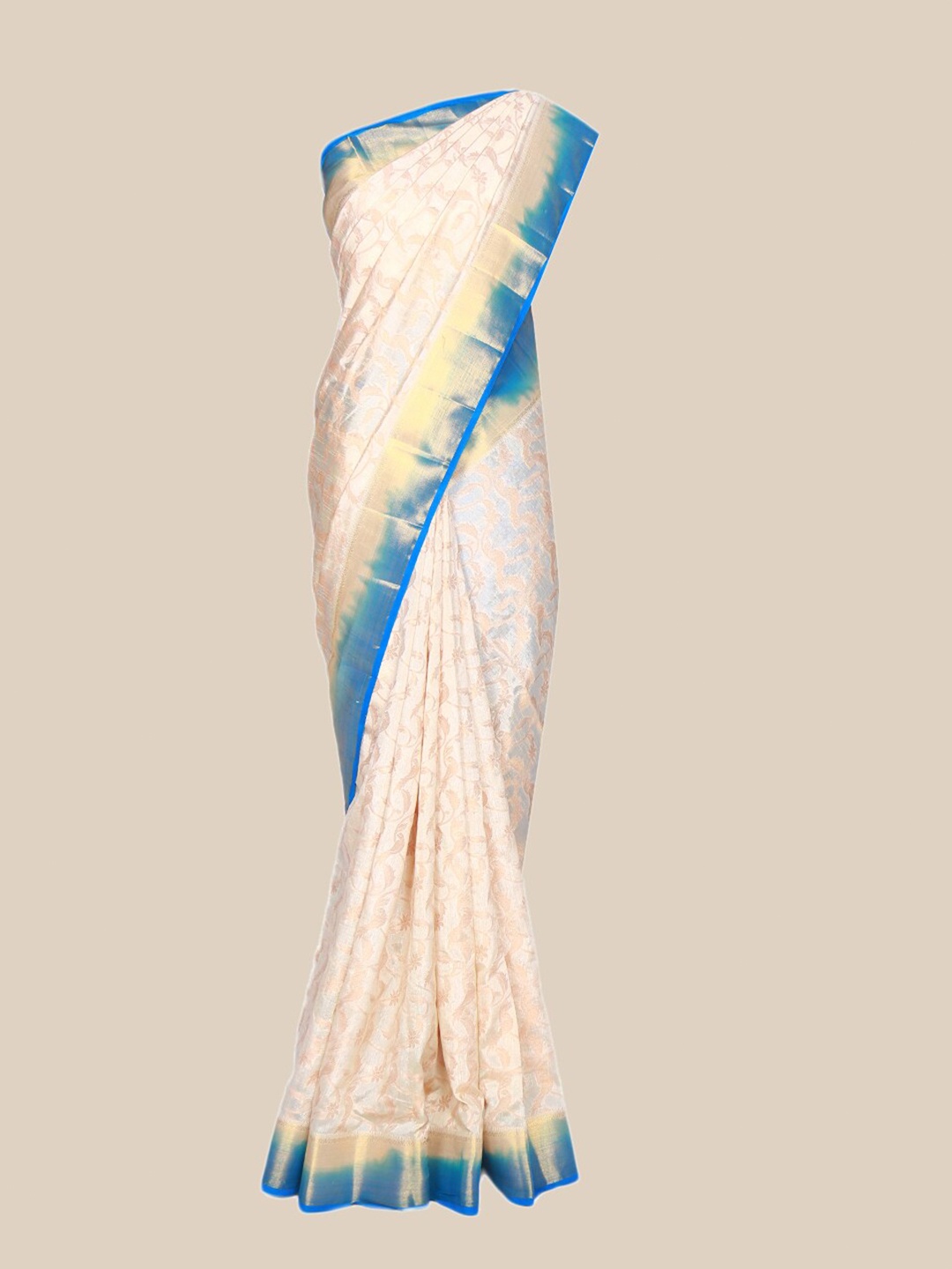 

The Chennai Silks Cream-Coloured & Blue Woven Design Jute Cotton Fusion Saree