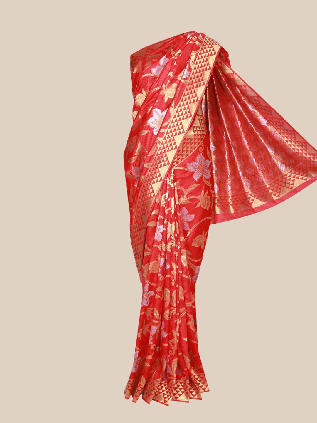 

The Chennai Silks Red & Gold-Toned Woven Design Fusion Saree