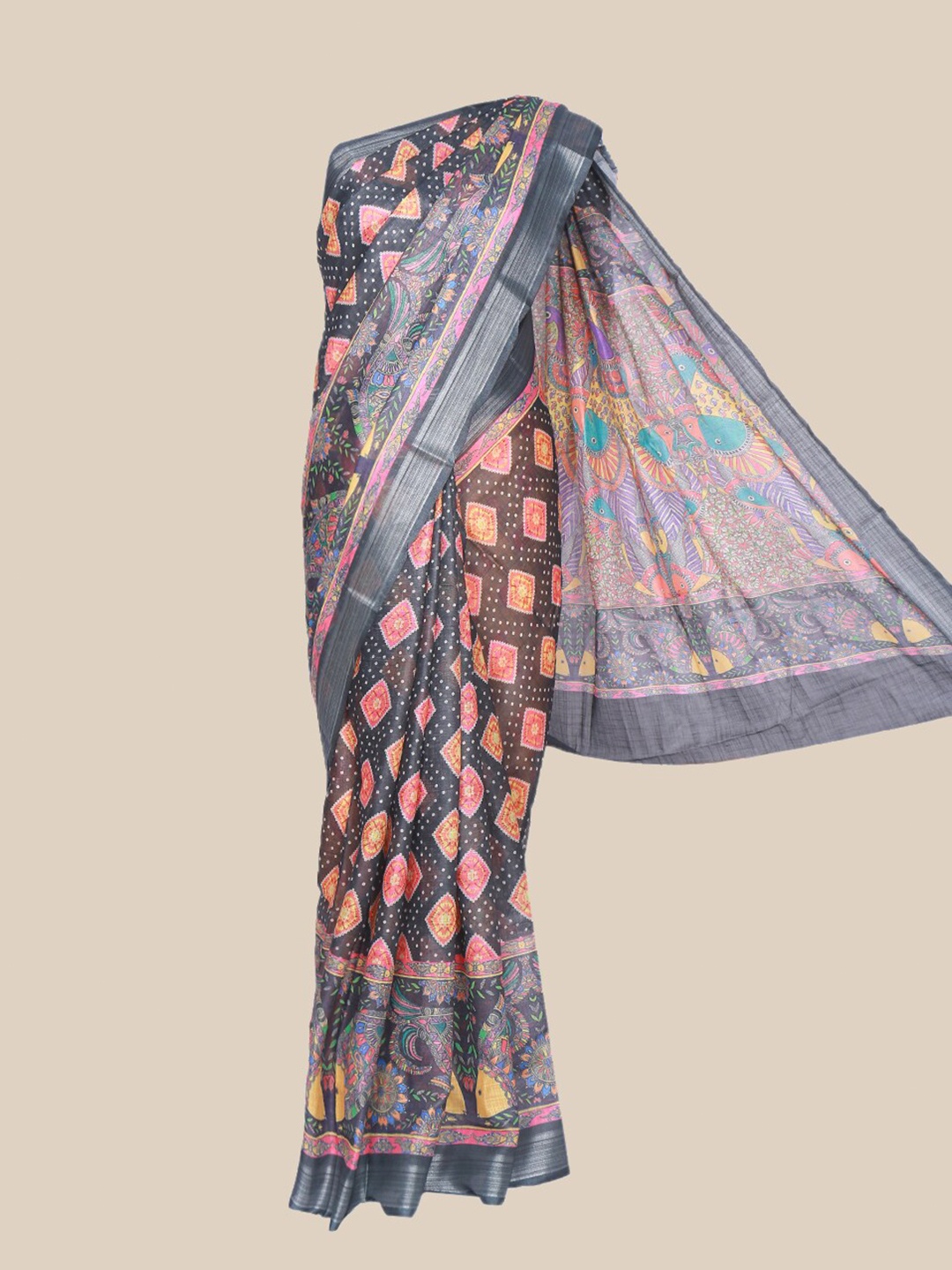 

The Chennai Silks Grey & Pink Bandhani Linen Blend Fusion Saree