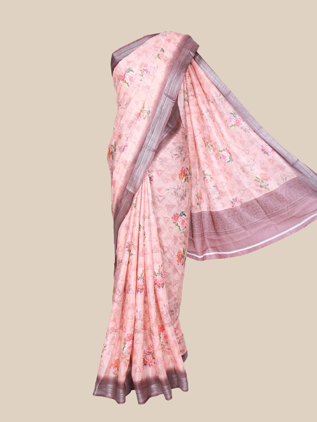

The Chennai Silks Peach-Coloured & Purple Floral Linen Blend Fusion Saree