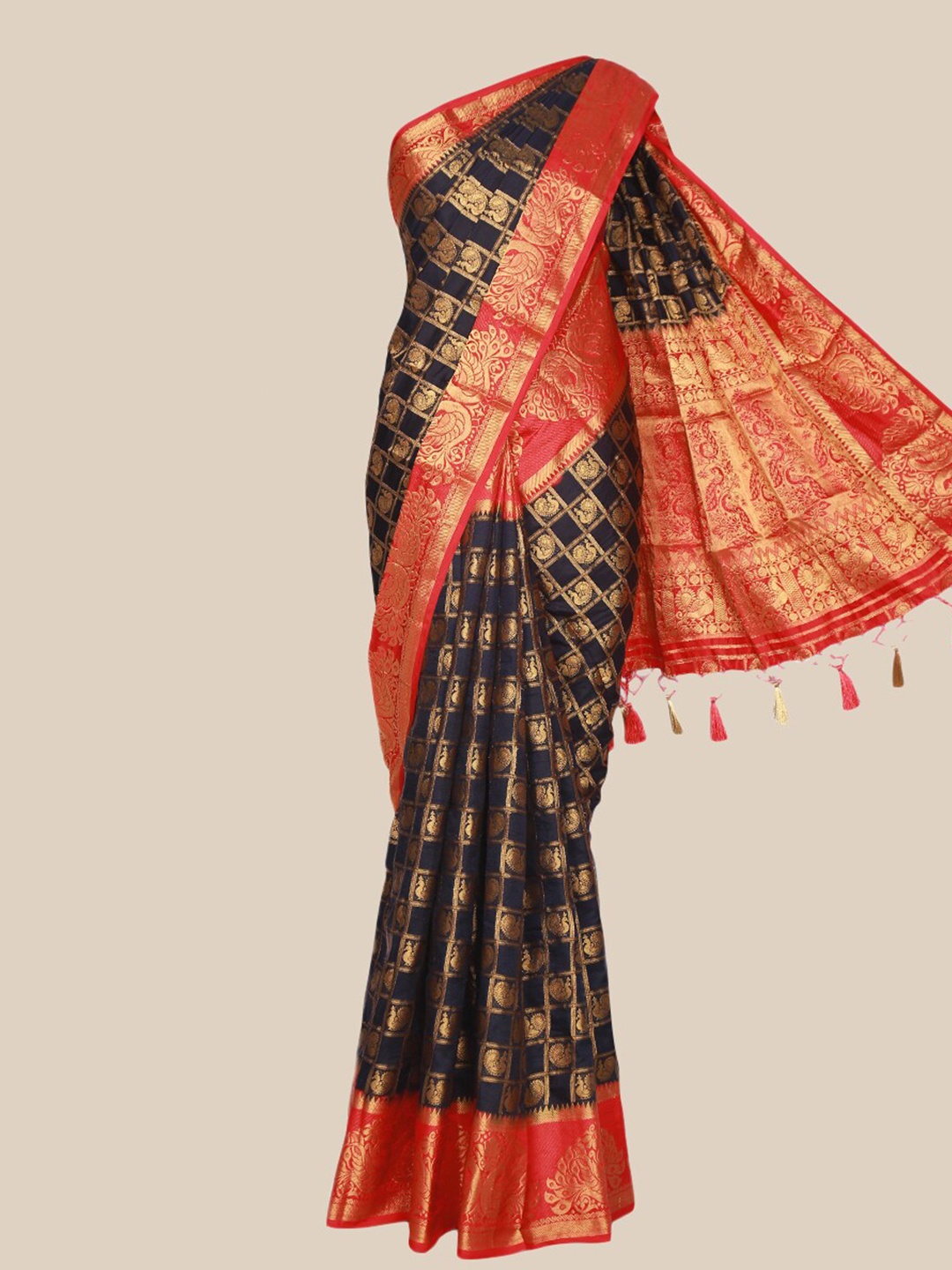 

The Chennai Silks Black & Gold-Toned Checked Jute Cotton Fusion Saree