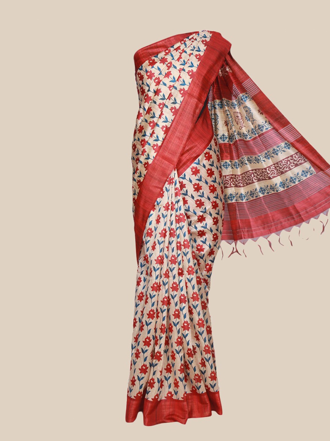 

The Chennai Silks Beige & Red Floral Fusion Saree