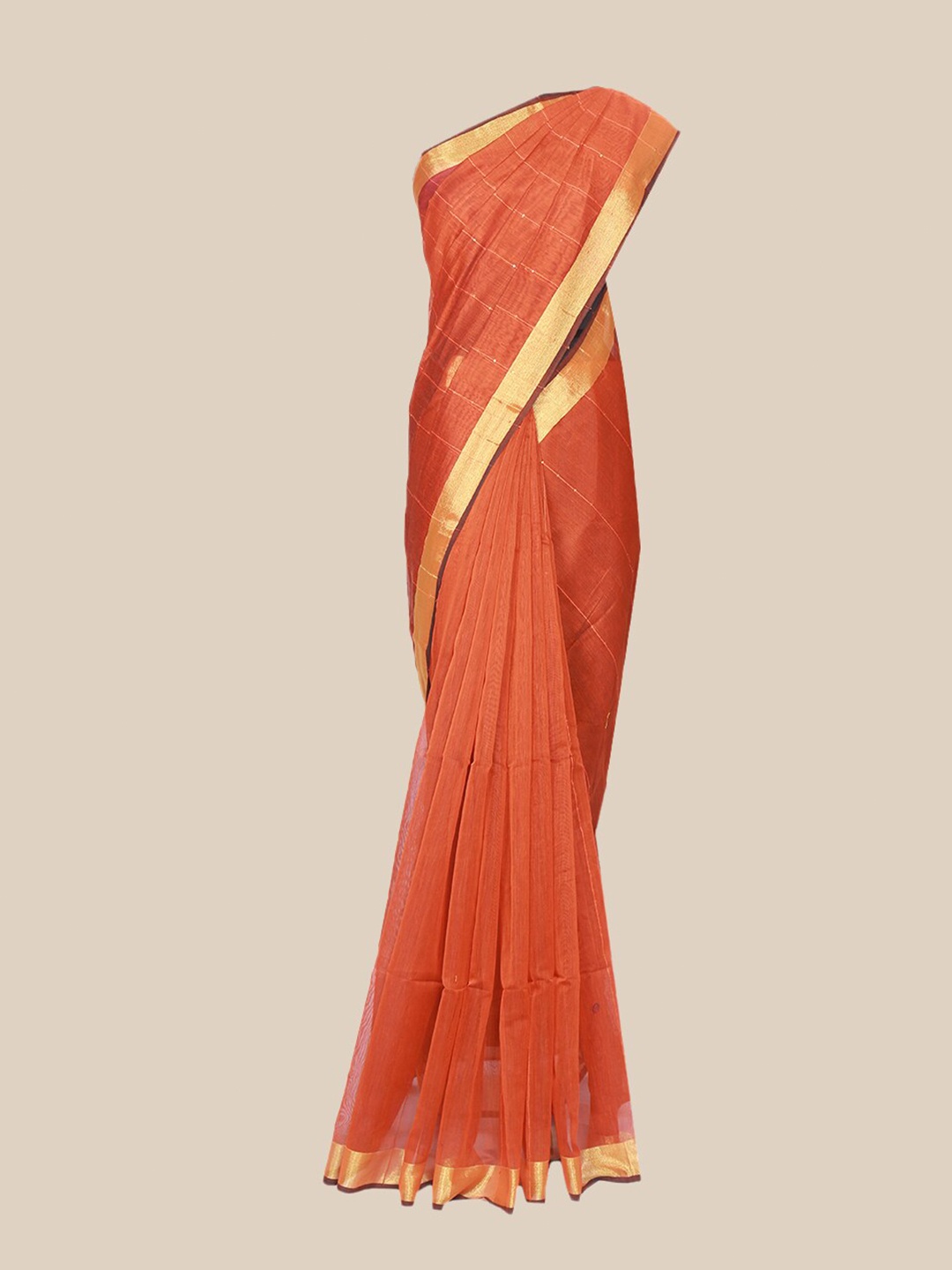 

The Chennai Silks Rust & Gold-Toned Striped Pure Cotton Saree