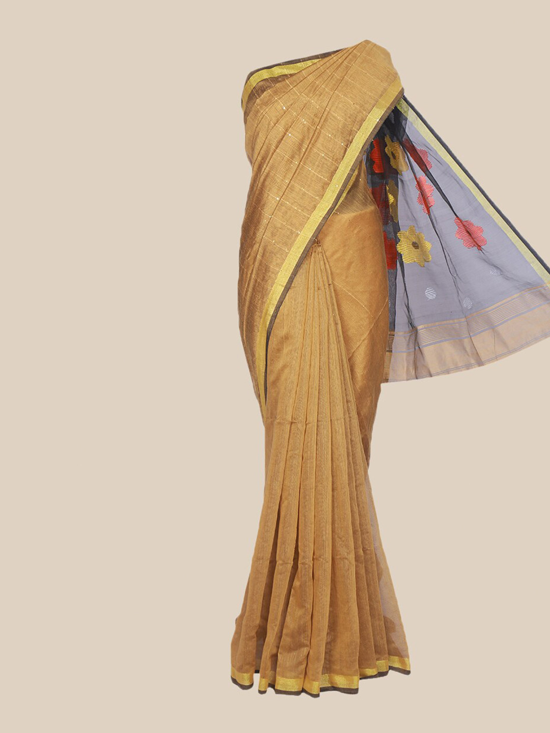 

The Chennai Silks Mustard & Gold-Toned Striped Pure Cotton Saree