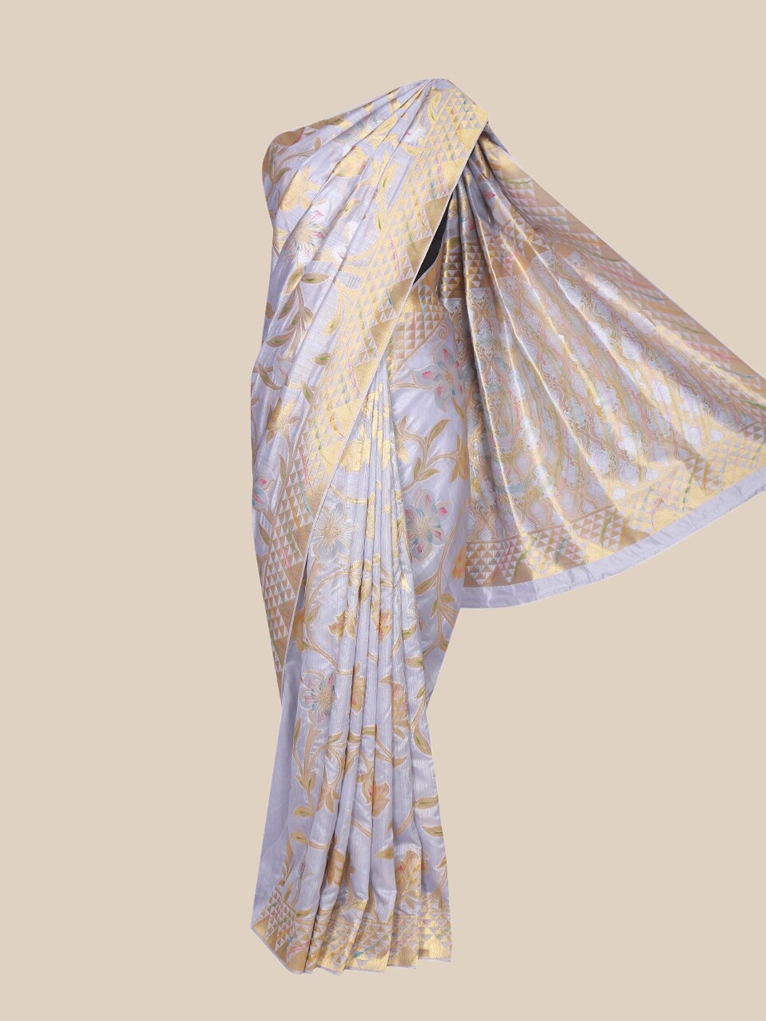 

The Chennai Silks Grey & Gold-Toned Floral Fusion Saree