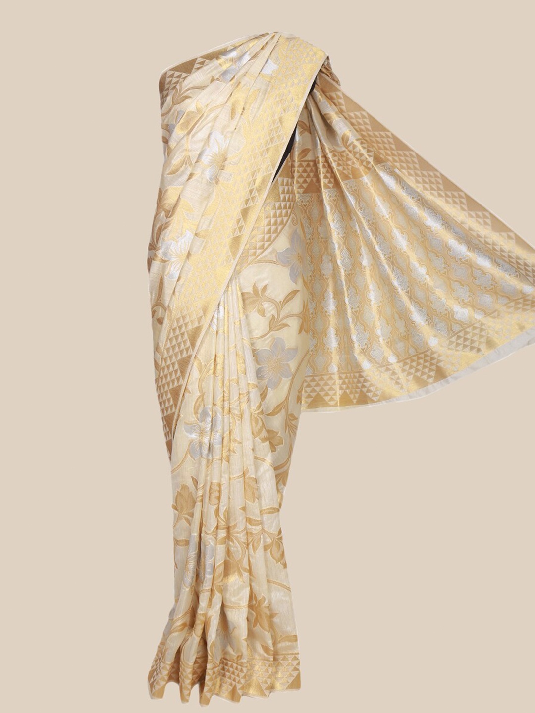 

The Chennai Silks Cream-Coloured & Gold-Toned Woven Design Fusion Saree