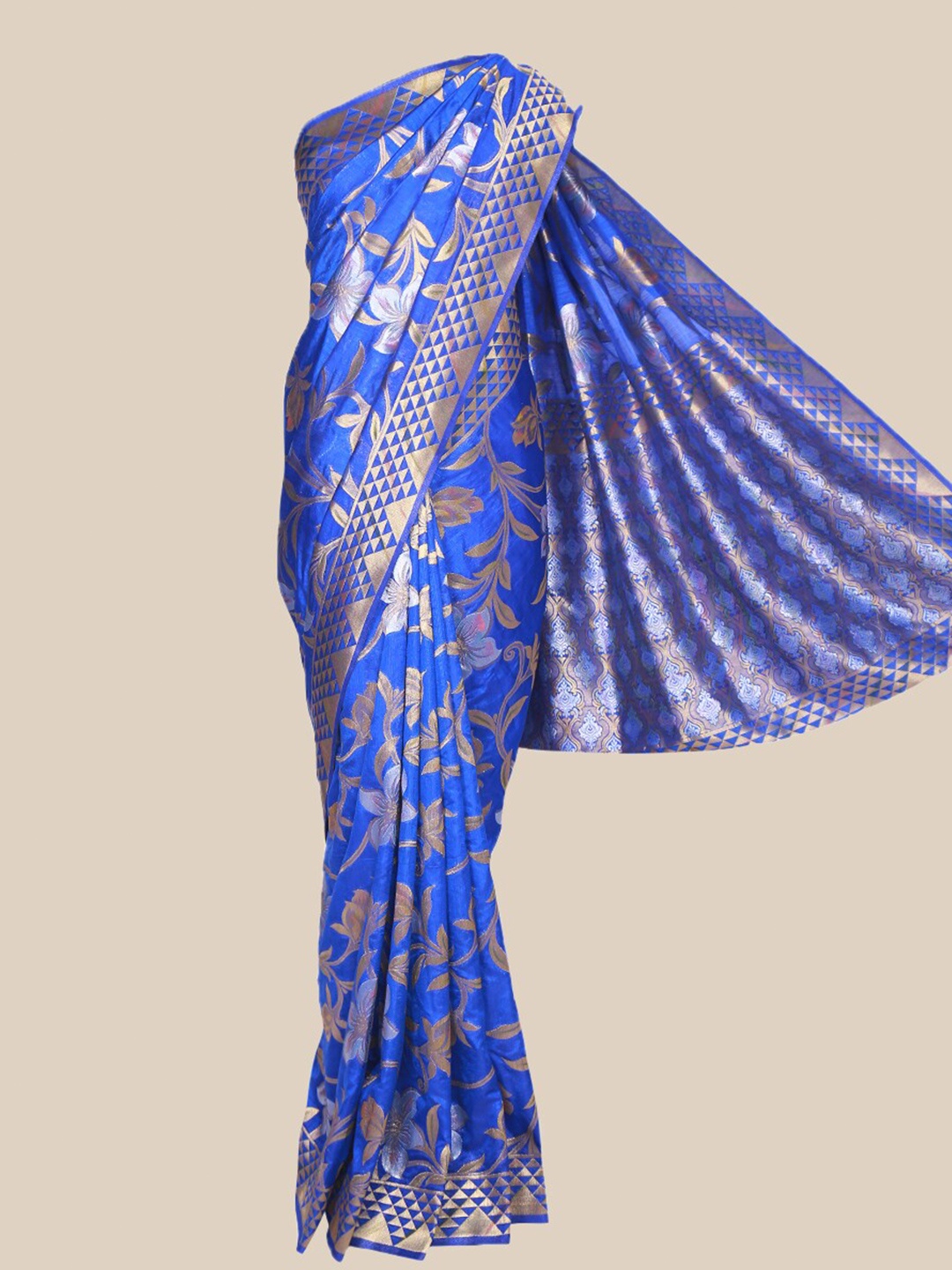 

The Chennai Silks Blue & Gold-Toned Floral Zari Dupion Silk Saree