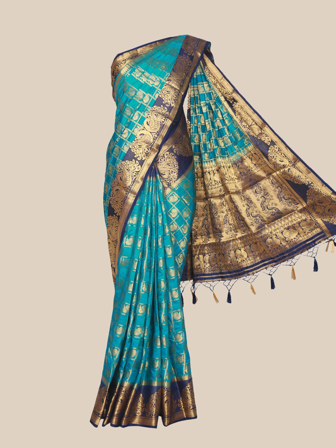 

The Chennai Silks Turquoise Blue & Gold-Toned Checked Zari Jute Cotton Saree