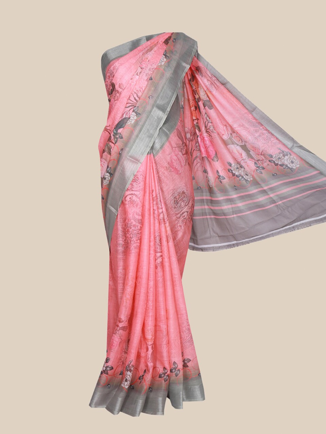 

The Chennai Silks Peach-Coloured & Grey Floral Printed Linen Blend Fusion Saree