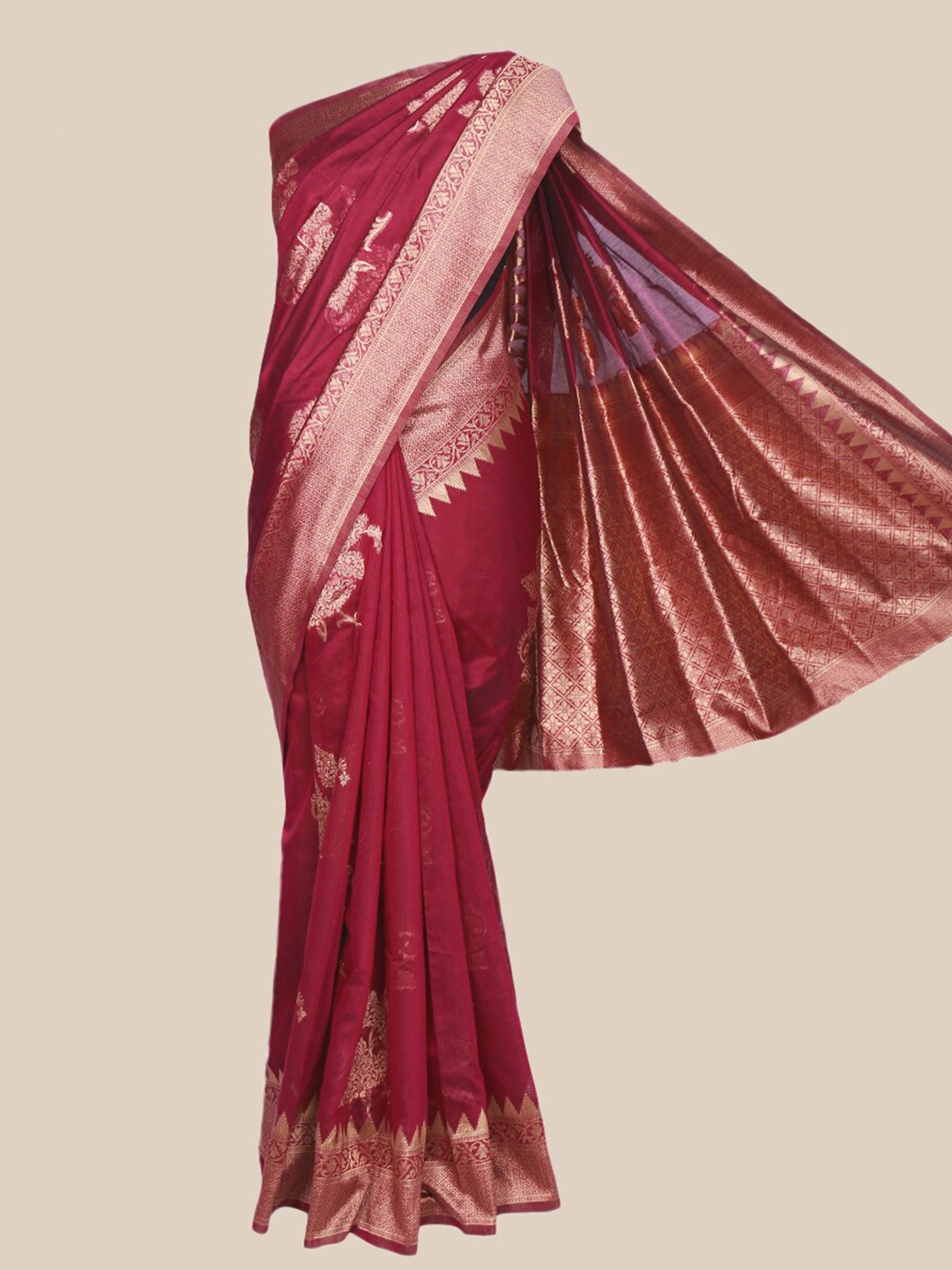 

The Chennai Silks Maroon & Silver-Toned Ethnic Motifs Silk Cotton Maheshwari Saree