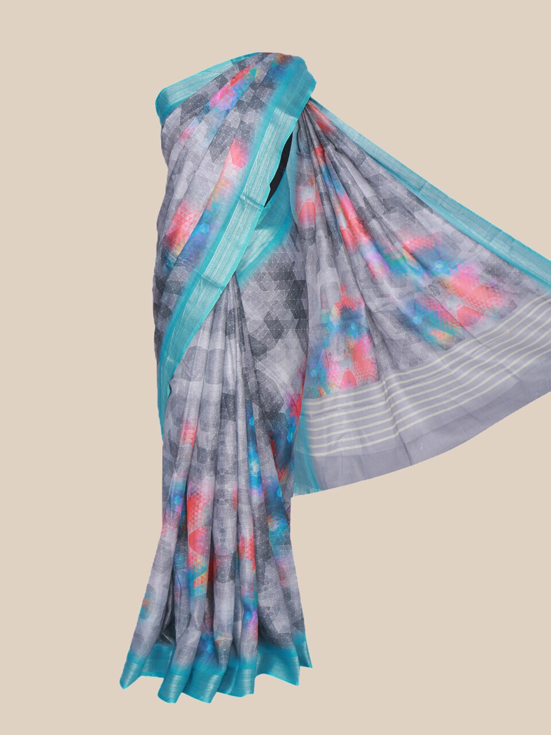 

The Chennai Silks Blue & Grey Printed Linen Blend Saree