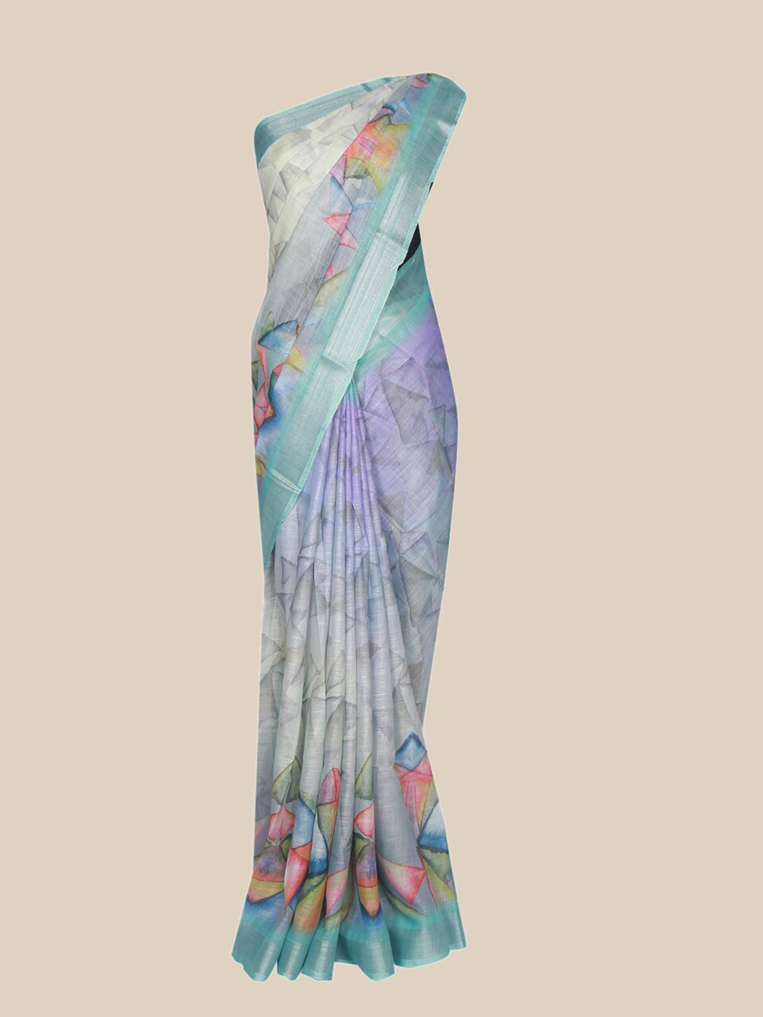 

The Chennai Silks Green & Pink Printed Linen Blend Fusion Saree