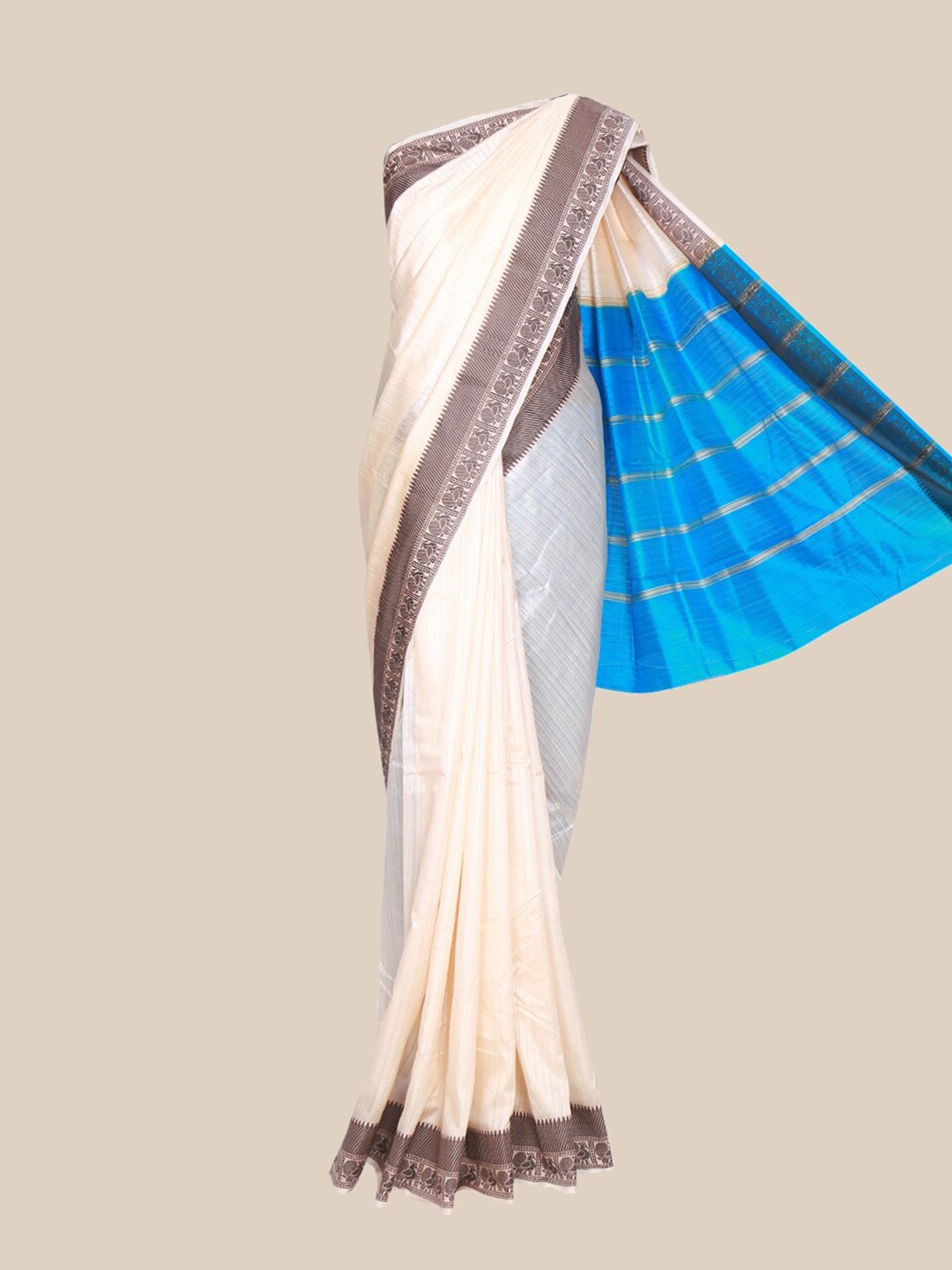 

The Chennai Silks Cream-Coloured & Brown Woven Design Border Saree