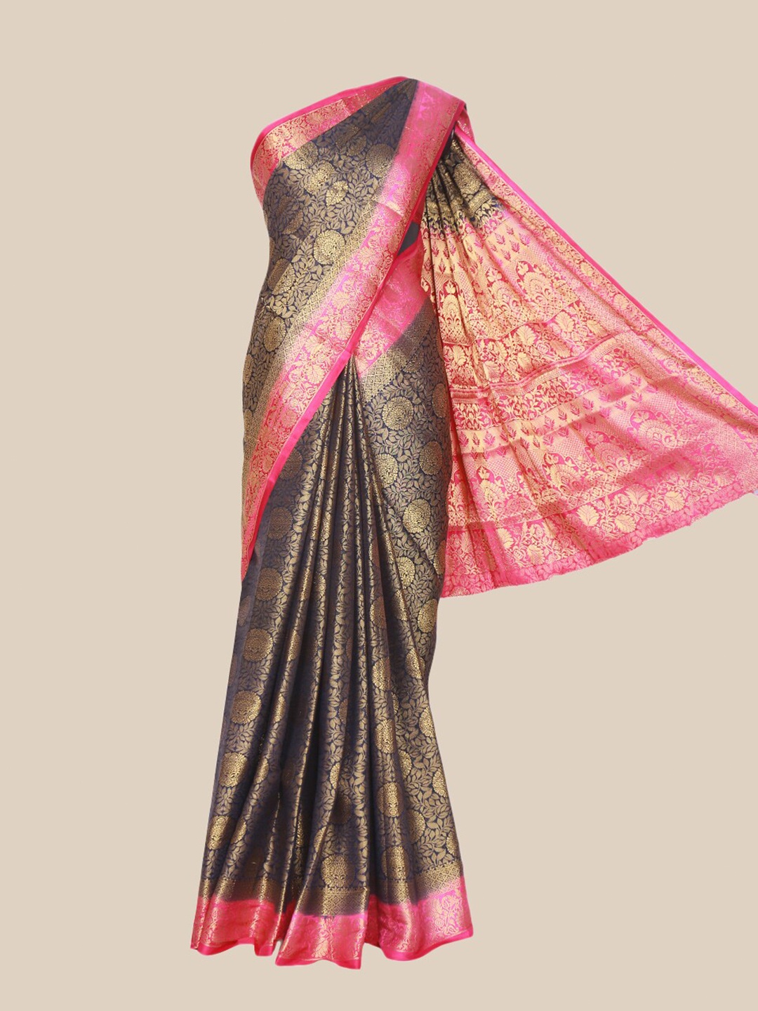 

The Chennai Silks Navy Blue & Pink Ethnic Motifs Jute Cotton Saree