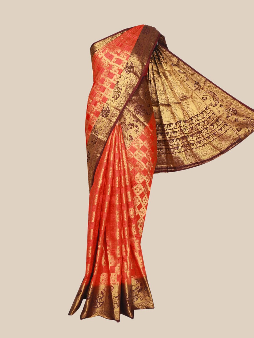 

The Chennai Silks Orange & Gold-Toned Woven Design Jute Cotton Saree