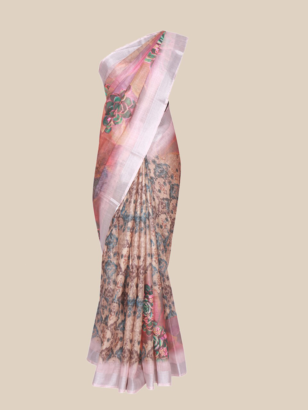 

The Chennai Silks Pink & Green Floral Printed Linen Blend Saree