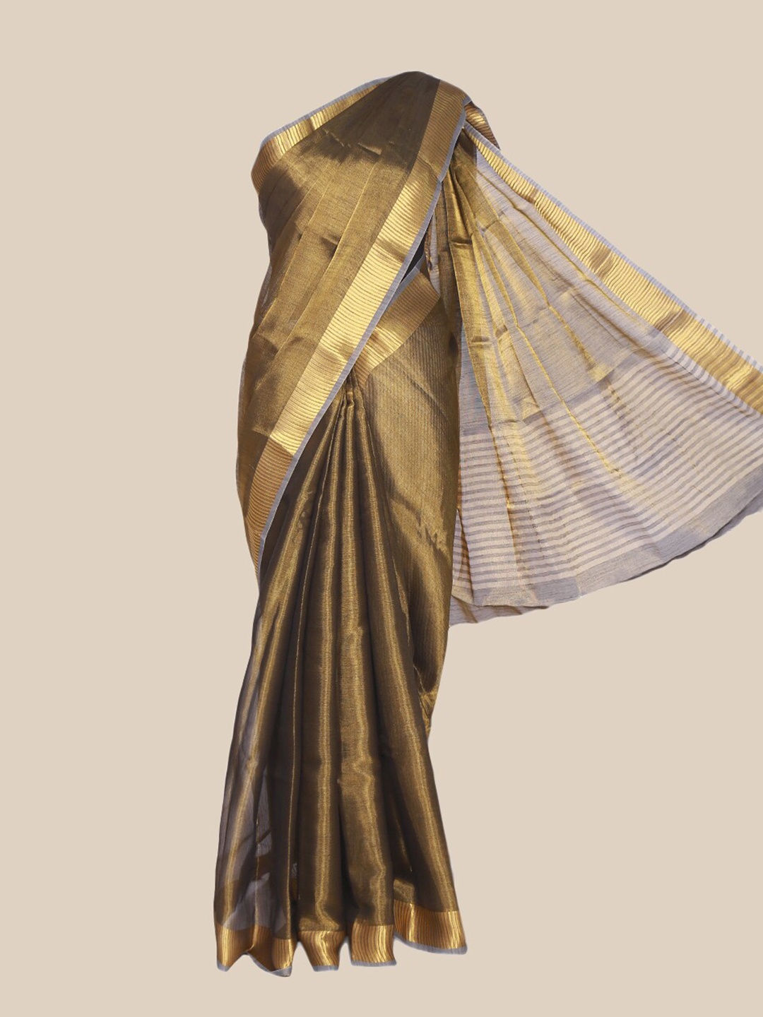 

The Chennai Silks Mustard & Gold-Toned Woven Design Tissue Saree