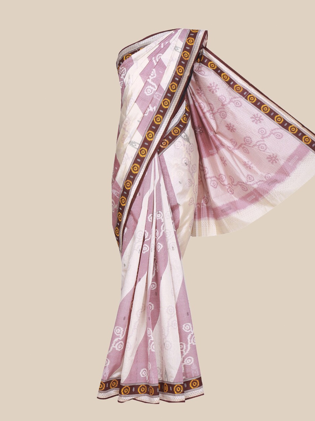 

The Chennai Silks Beige & Brown Floral Printed Silk Blend Tussar Saree